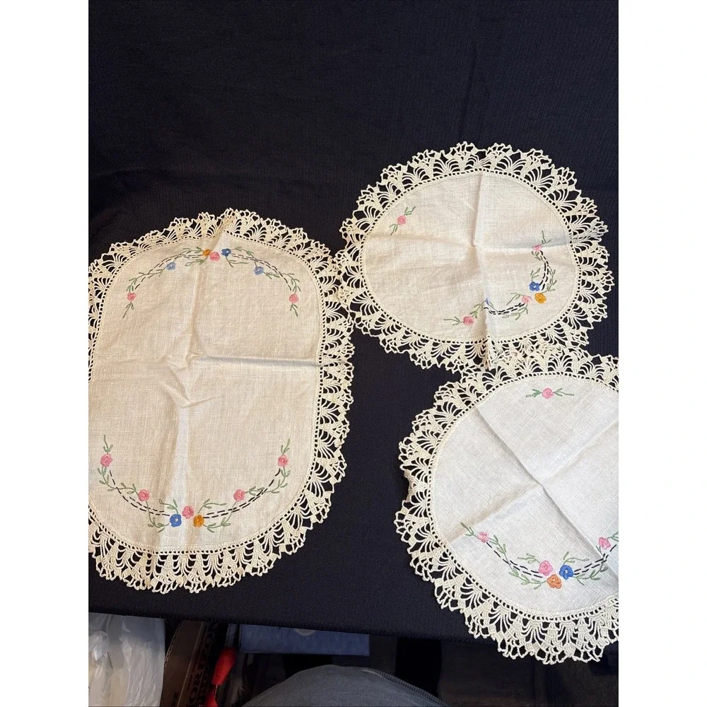 Vintage handmade Doilies  with embroidery and Crochet lace border lot of 3